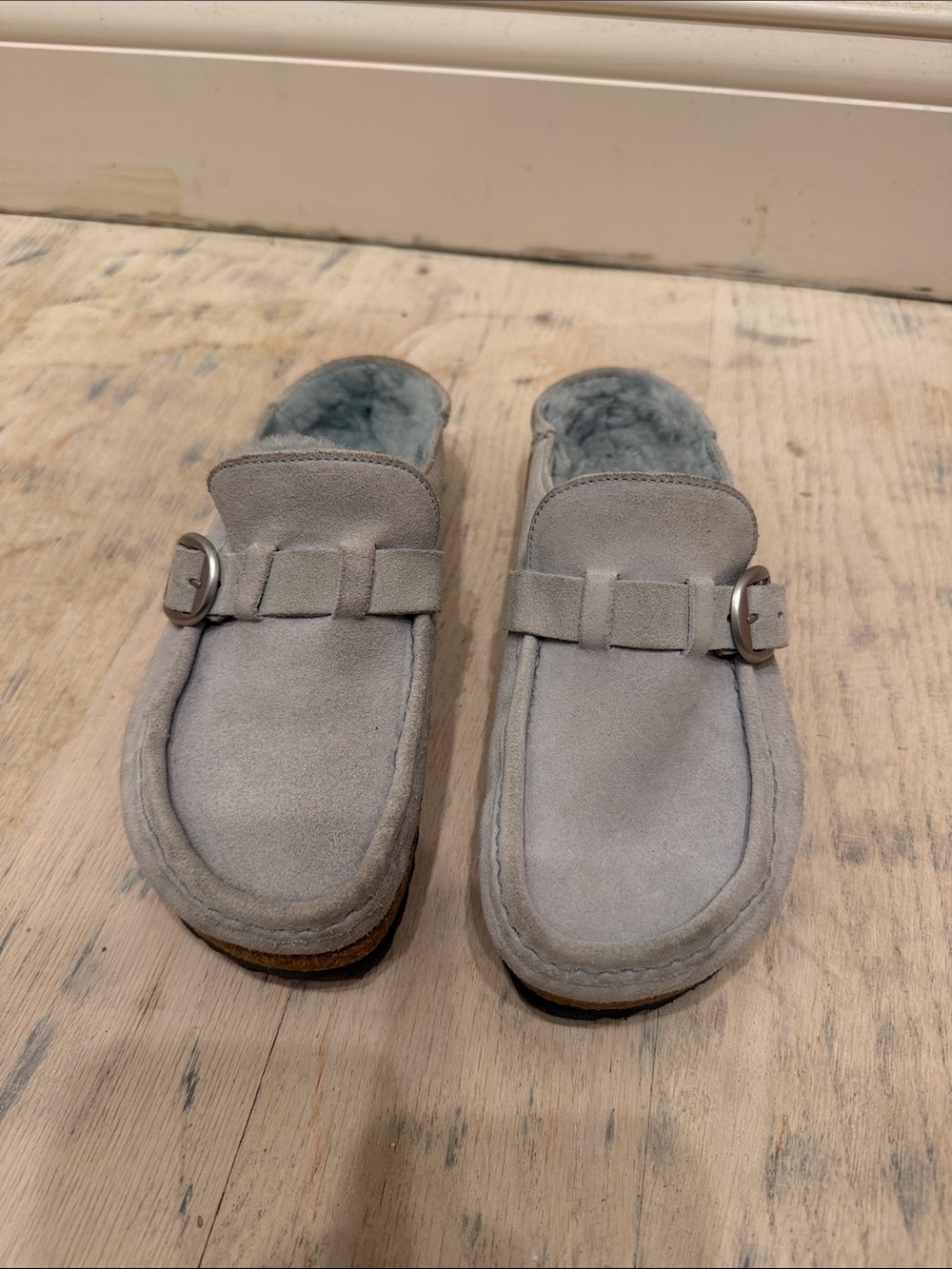Birkenstock Suede Slip-On Clogs in Light Gray/pale blue
